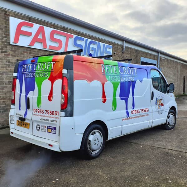 An image of a Pete Croft Decorators van that's been wrapped by FASTSIGNS Hull so it looks like it's dripping paint.
